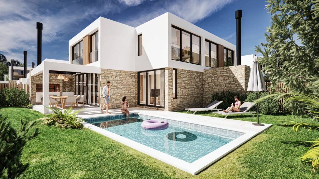 Render de casa moderna en Grutas de la Ballena Village con piscina privada, fachada de piedra natural y diseño arquitectónico minimalista en Punta Ballena