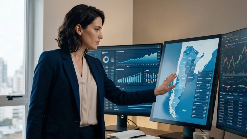 Inversora argentina analizando gráficos financieros y mapa de Argentina en múltiples pantallas modernas antes de decidir invertir en Uruguay.
