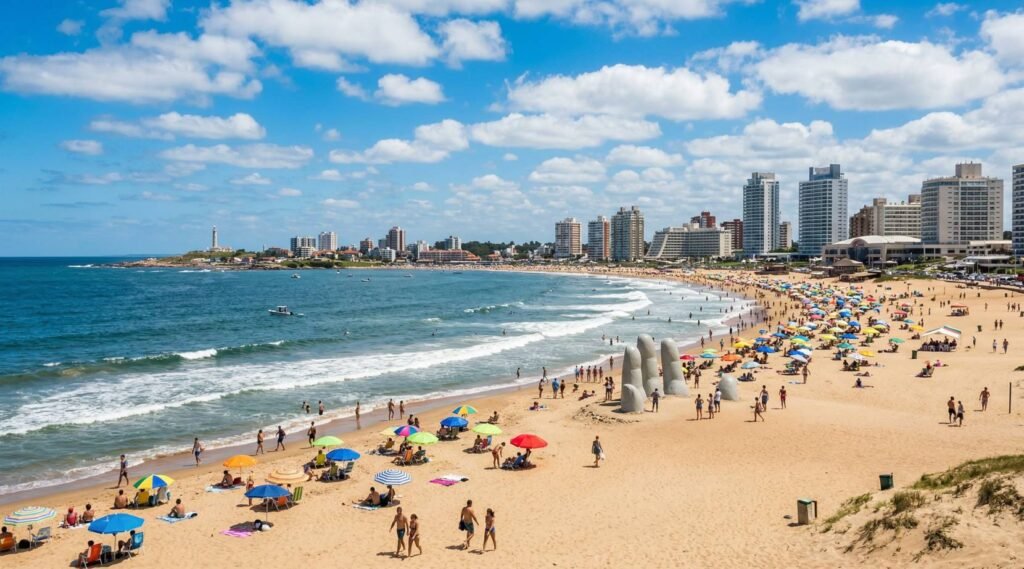 Panorámica de las playas de Punta del Este, Uruguay, con edificios de apartamentos. Oportunidades de inversión por Promotor Inmobiliario.